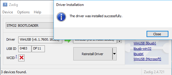 Zadig STM32 Driver Installed